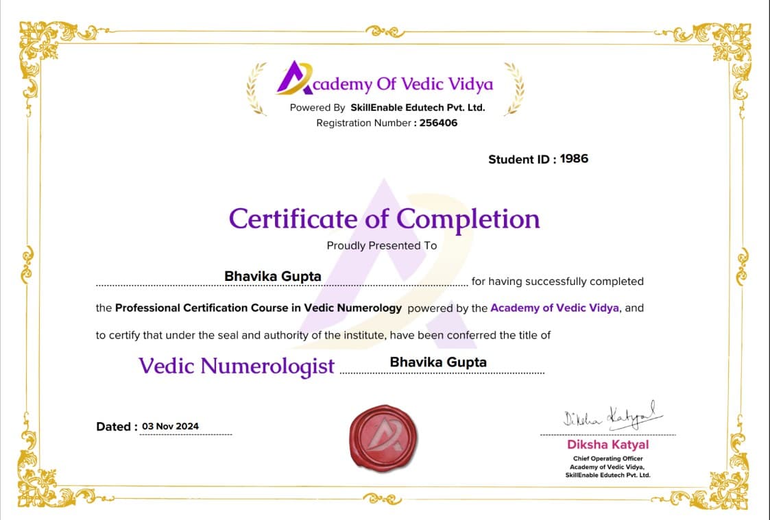 Vedic Numerologist certificate