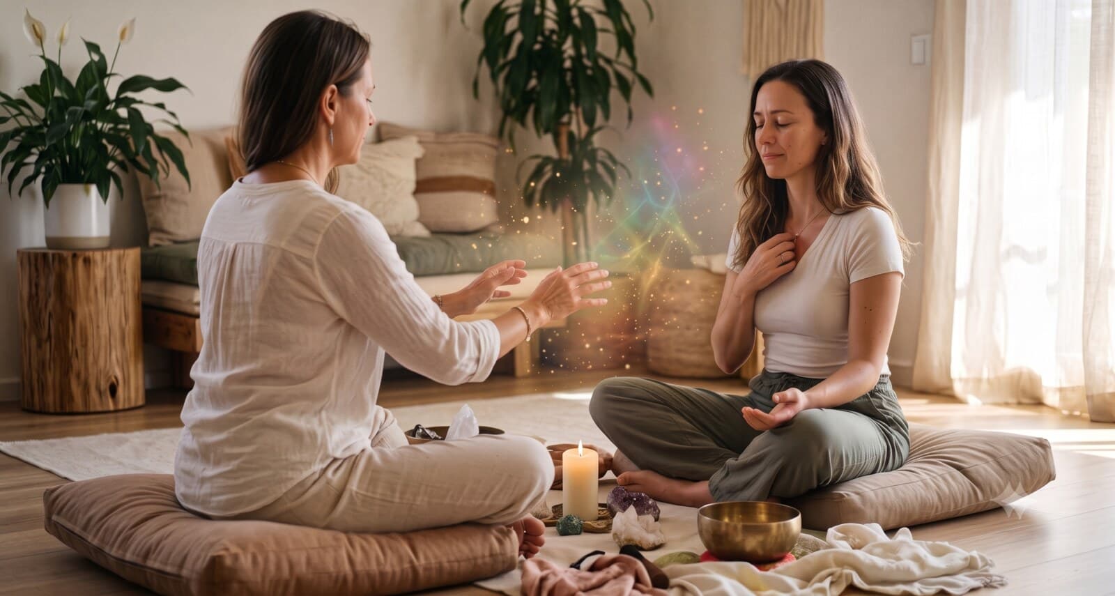 A calm energy healing session with crystals and a singing bowl